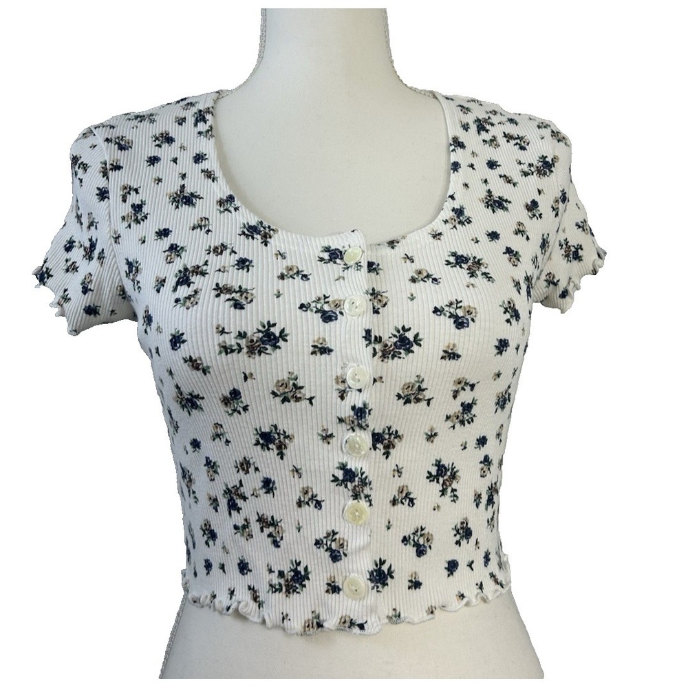 Cream & Floral Ribbed Knit Button Cropped Cap Sleeves Top Capsule Y2K Sz M